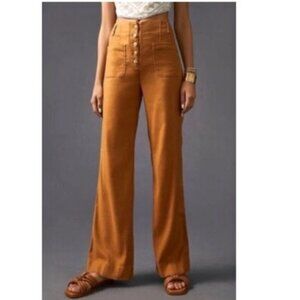 Anthropologie Maeve High-Rise Button-Front Wide Leg Linen Trouser Pants Size 8